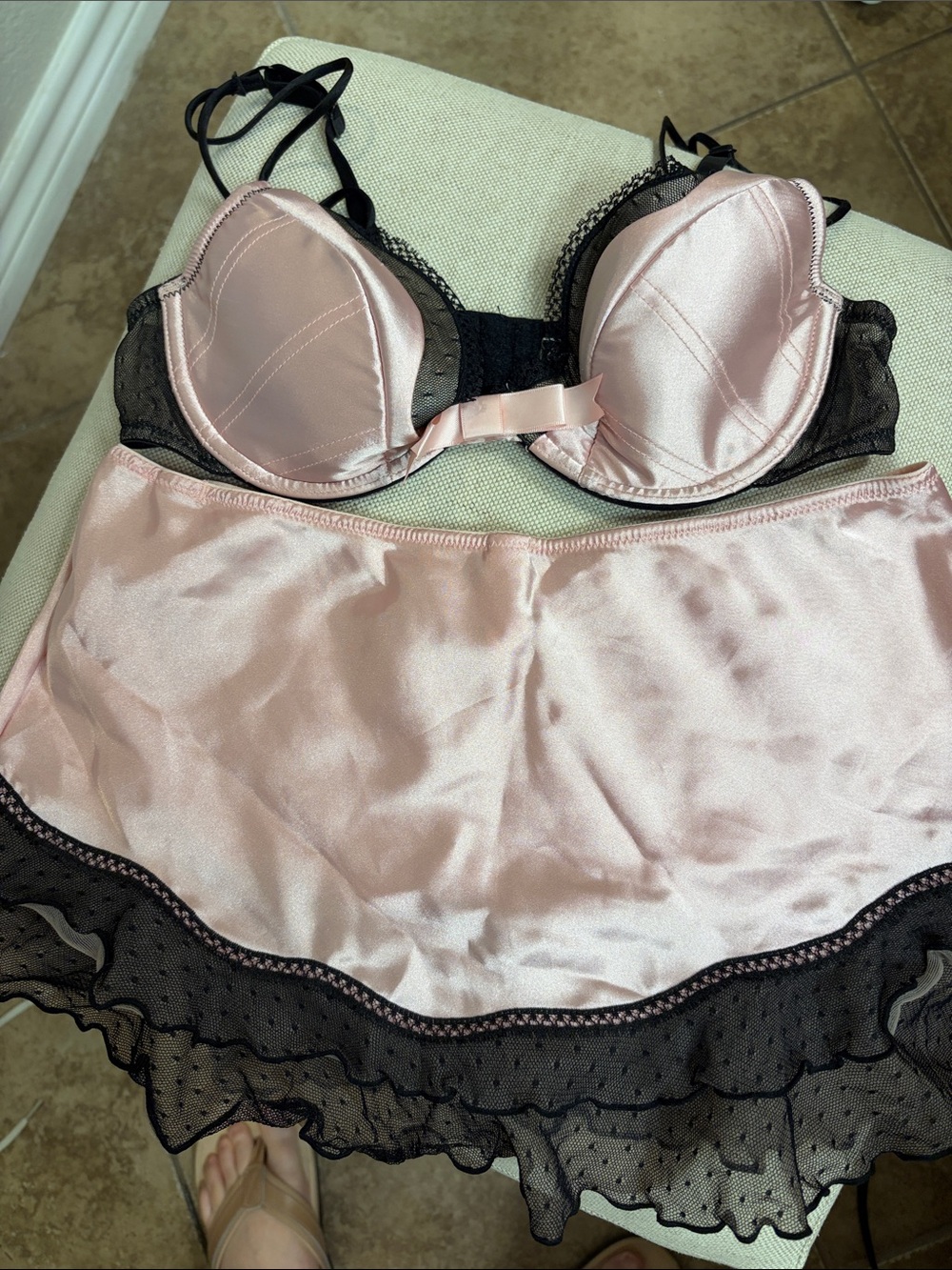Cassandra Intimates Pink Satin Bra & Black Lace Trim Skirt Set Women's Intimates - Picture 2 of 6